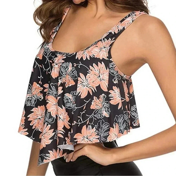 Women’s Floral Print Tankini Top Black Pink Bathing Suit Adjustable Top Sz M - Picture 1 of 9